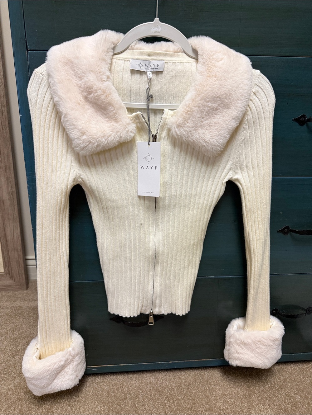 Wayf Cream Ribbed Zip Front Jacket with Plush Faux Fur Collar & Cuffs